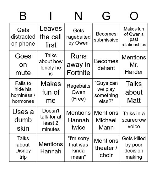 Isaac Slander Bingo Card