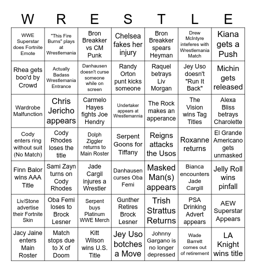 WWE Bingo Board Bingo Card