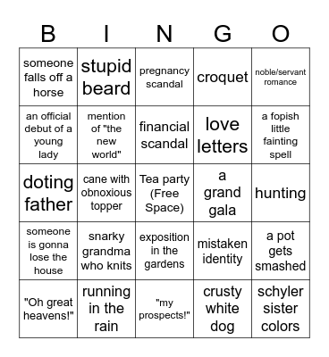 Bridgerton Bingo Card