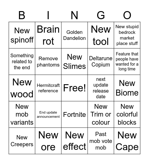Minecraft live bingo card Bingo Card