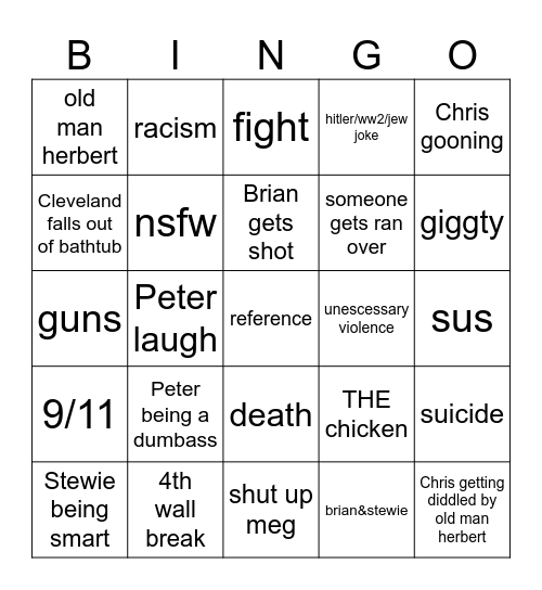 Family Guy Bingo Card