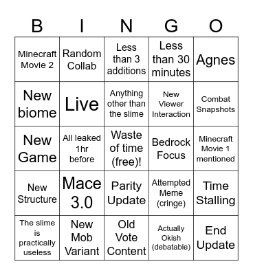 Spring Minecraft Live Bingo Card