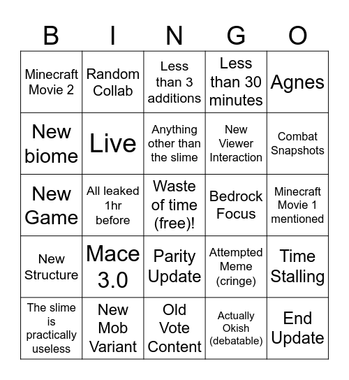 Spring Minecraft Live Bingo Card