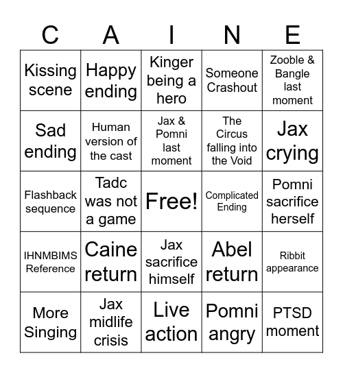 The Amazing Digital Circus Episode 9 Bingo Card