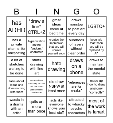 "Online Digital Artist BINGO" that feels like personal attack Bingo Card