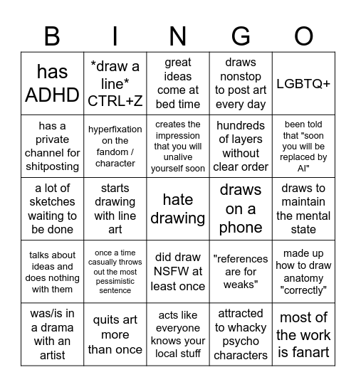 "Online Digital Artist BINGO" that feels like personal attack Bingo Card