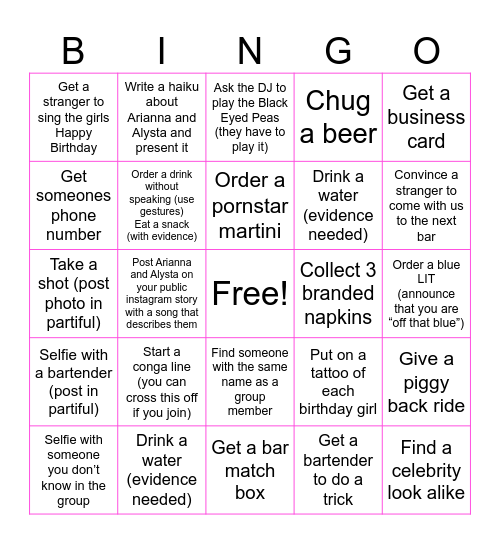 Arianna & Alysta's 25th Birthday Bingo Card