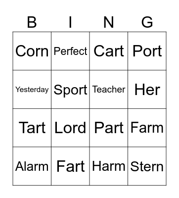 Ar Or Er Bingo Card