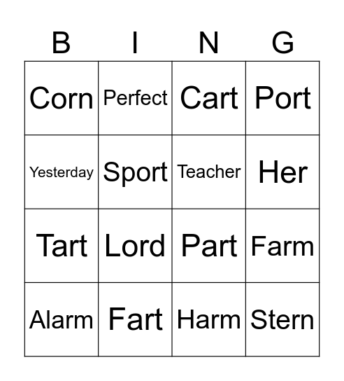 Ar Or Er Bingo Card