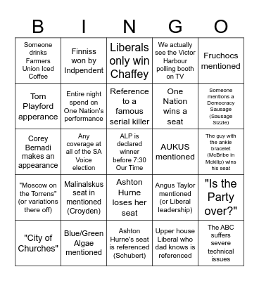South Australian Bingo Card