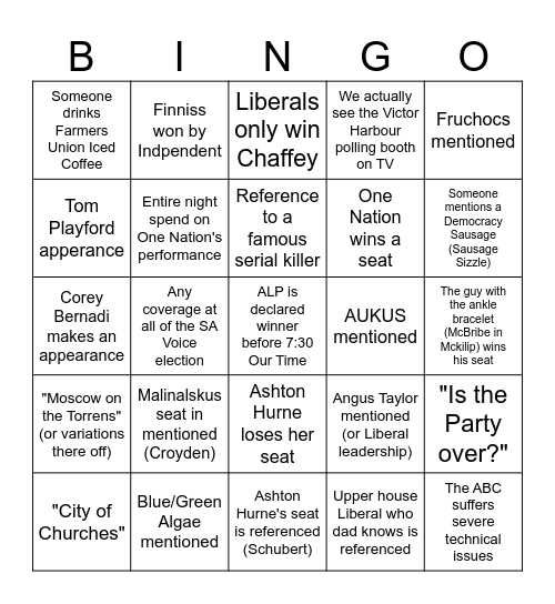 South Australian Bingo Card