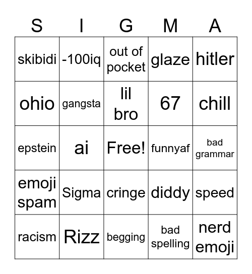 GEN ALPHA Bingo Card