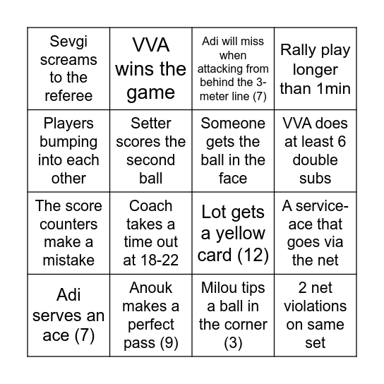Volleyball Madness Bingo Card