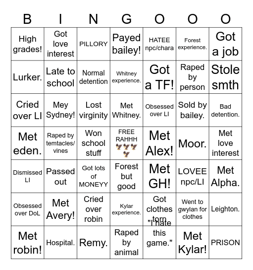 Degrees of lewdity Bingo Card
