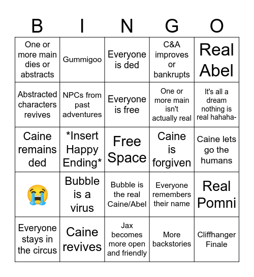 The Amazing Digital Circus Finale Bingo Card