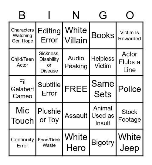 Generation Hope Bingo Card