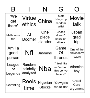 Chase and Matt Bingo Card