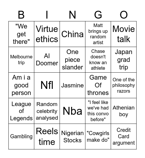 Chase and Matt Bingo Card