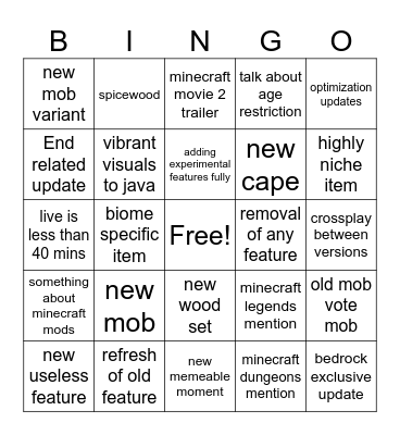 Minecratf Live Bingo Card
