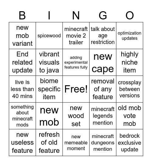 Minecratf Live Bingo Card