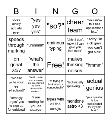 song Bingo Card