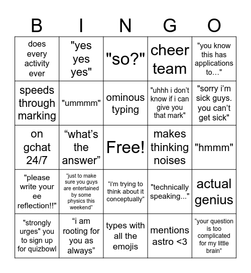 song Bingo Card