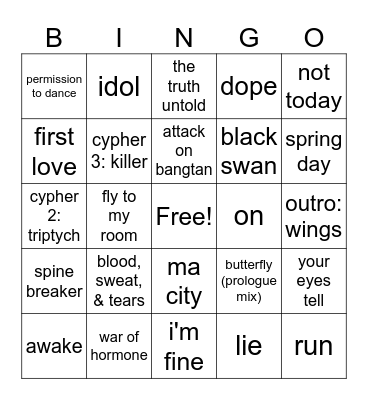 me want bts Bingo Card