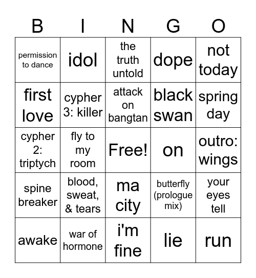 me want bts Bingo Card