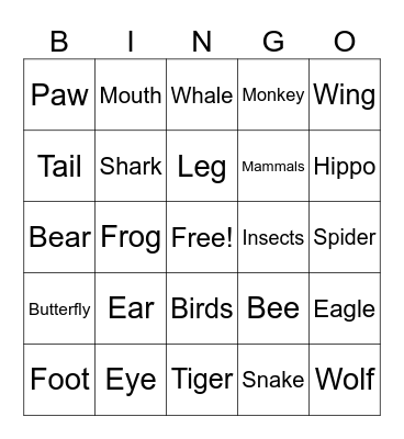 Wild animals Bingo Card
