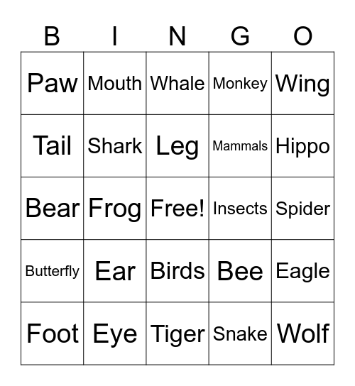 Wild animals Bingo Card