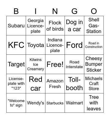 Road Trip Bingo Card