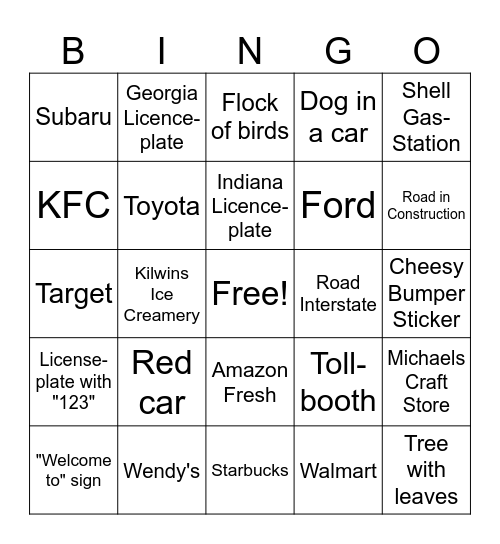 Road Trip Bingo Card