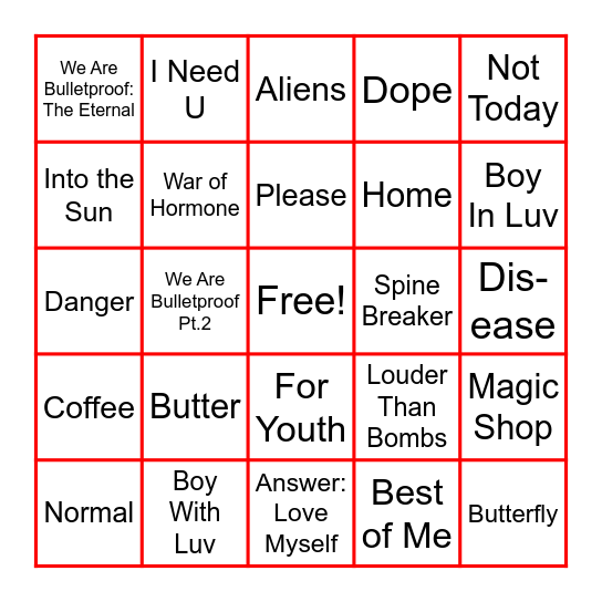 BTS RE:PLAY HUB BINGO Card