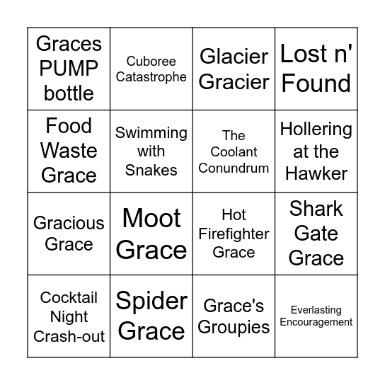 Grace's Boot Bingo Card