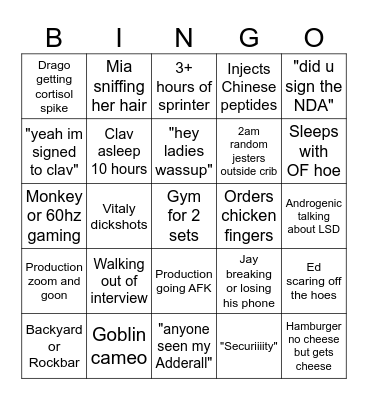 Clavicular Stream Marathon week 1 Bingo Card