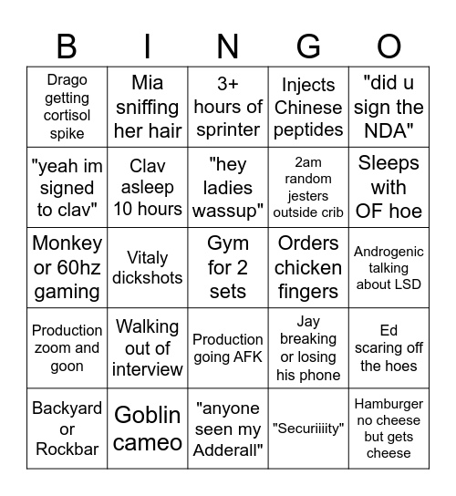 Clavicular Stream Marathon week 1 Bingo Card