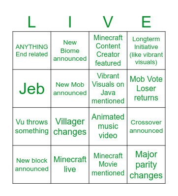 Minecraft Live 2026 Bingo Card
