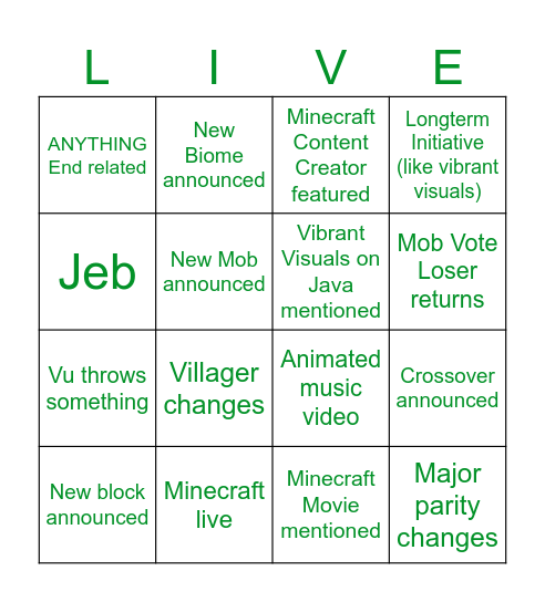Minecraft Live 2026 Bingo Card