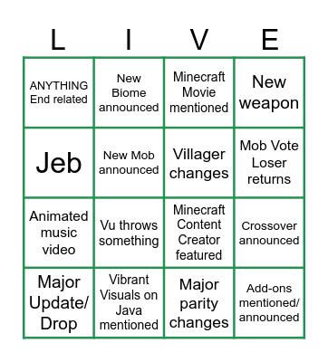 Minecraft Live 2026 Bingo Card