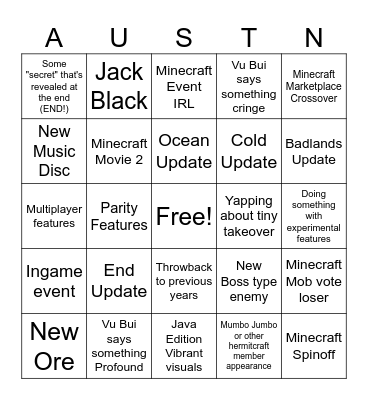 Minecraft Live Bingo Card