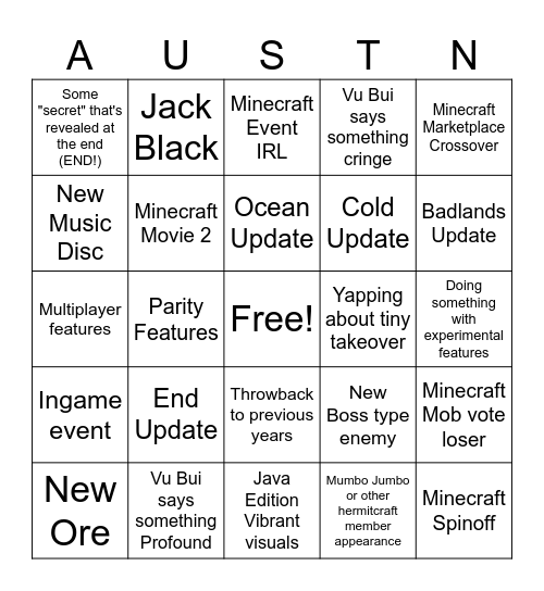 Minecraft Live Bingo Card