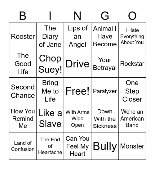 2000's Hard Rock Bingo Card