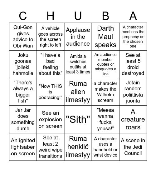 Episode I: the Phantom Menace Bingo Card