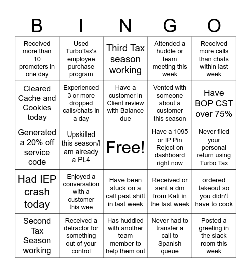 Turbo Tax Bingo 2025 Bingo Card