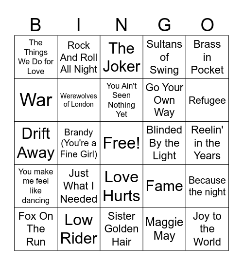 70's Bingo Card