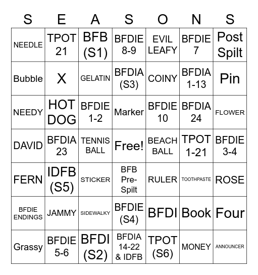 BFDI SEASONS (as of TPOT 1-21) Bingo Card
