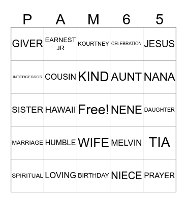 PAM JARRETT BINGO  Bingo Card