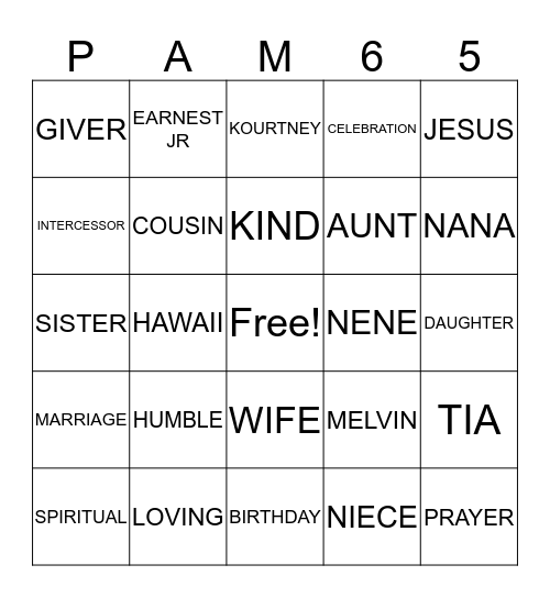 PAM JARRETT BINGO  Bingo Card