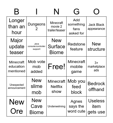 Minecraft Live Bingo Card
