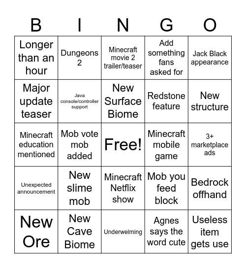 Minecraft Live Bingo Card